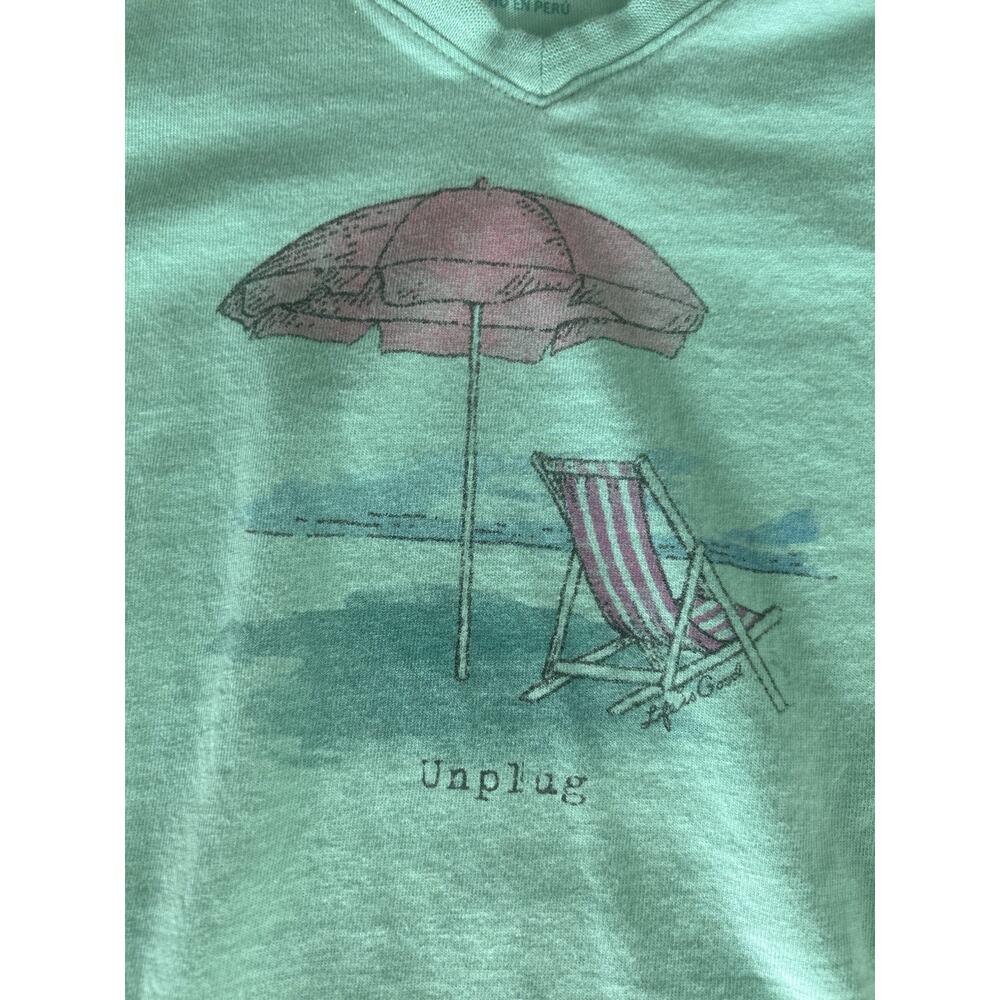 Life Is Good Crusher V-Neck Tee Women Sz Large Graphic Beach Umbrella 'Unplug'